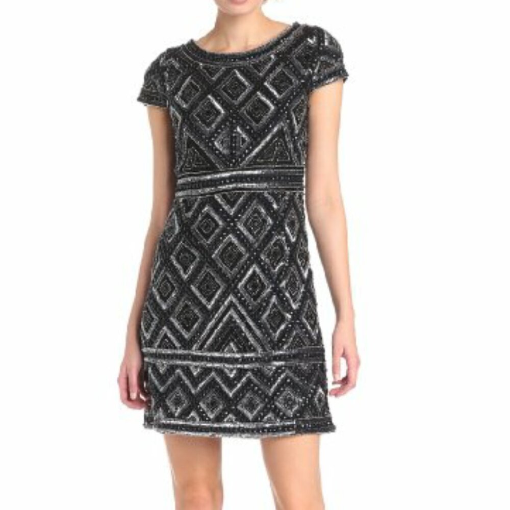 Adrianna Papell Women's Cap Sleeve Short Beaded Dress with Diamond Contrast Bead